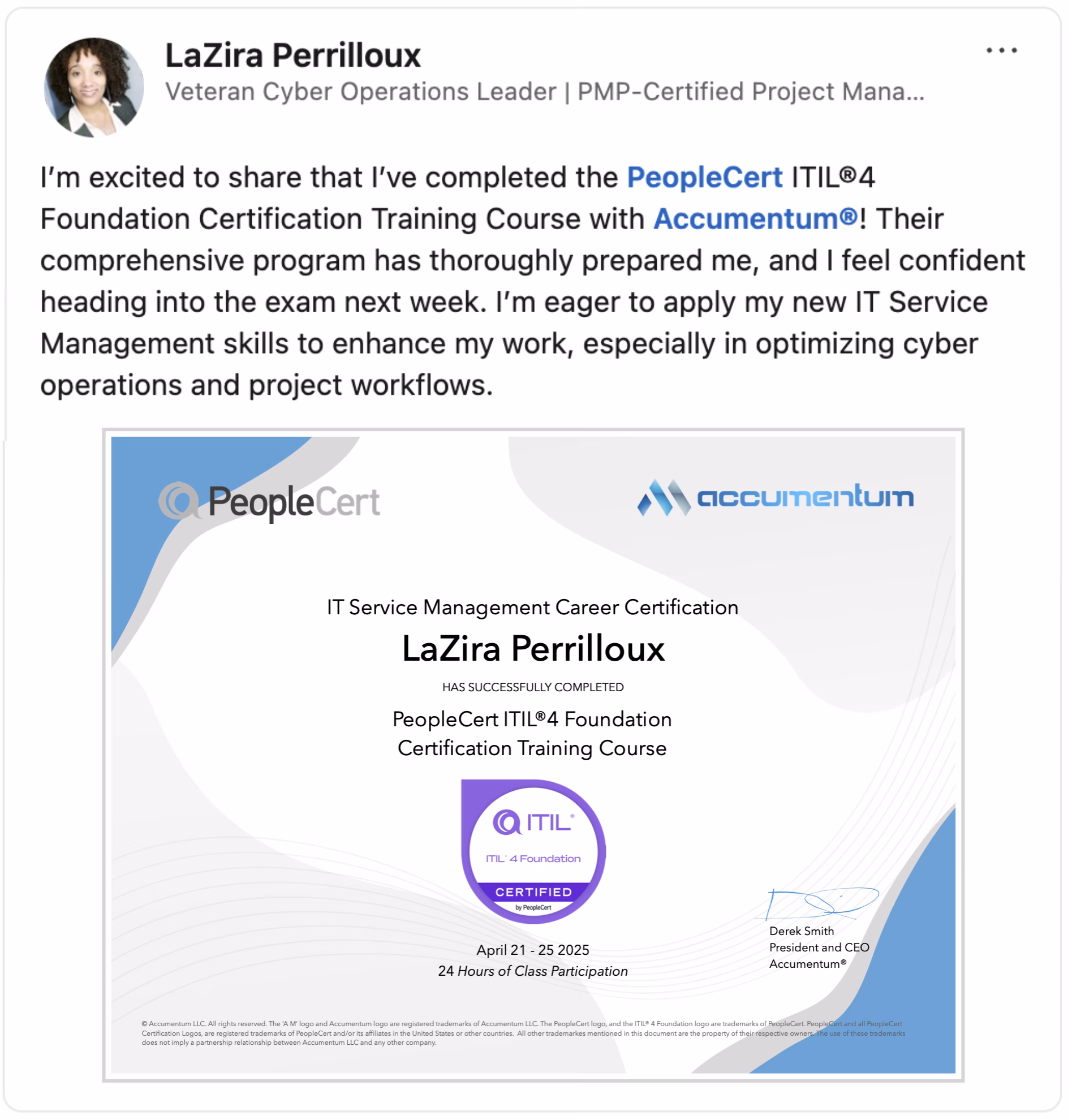 Client Endorsement of Accumentum PeopleCert ITIL 4 Foundation Certification Training